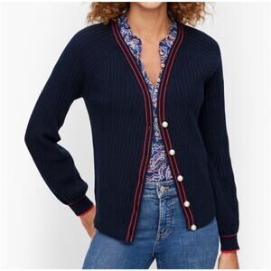 NWT Talbots Cardigan V Neck Navy Ribbed Knit Pearl Button Red Trim Plus Size 3X